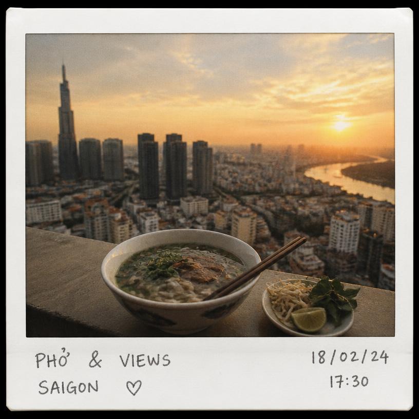 Meal overlooking a city skyline
