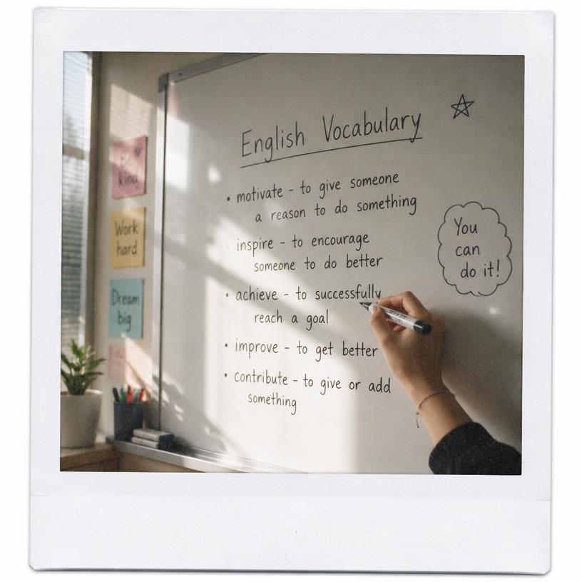 English vocabulary on a classroom whiteboard